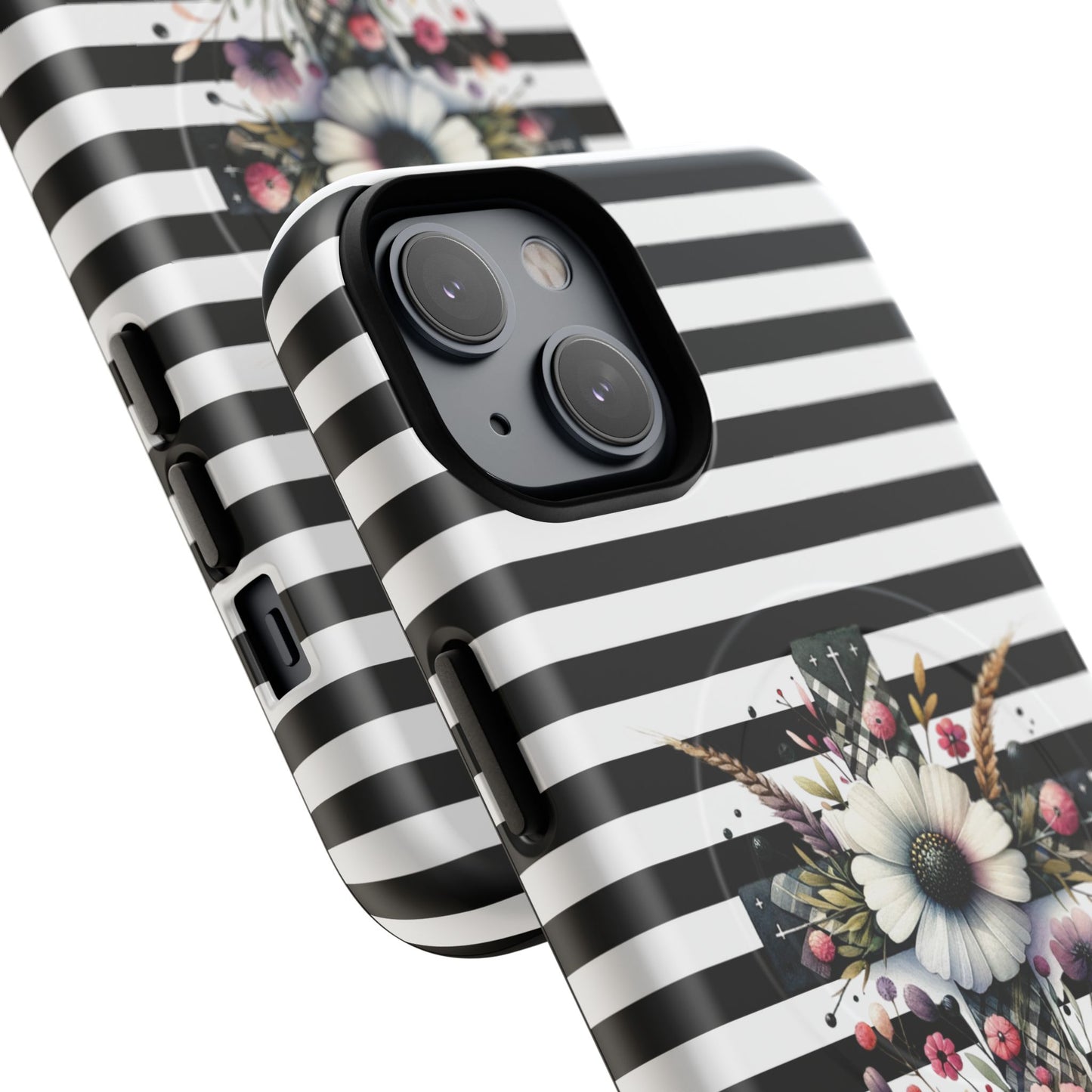 Faith in Bloom Tough iPhone Magnetic Case, iPhone Accessories, Floral iPhone Cover, Durable Cases for Gifts, Black and White Stripes