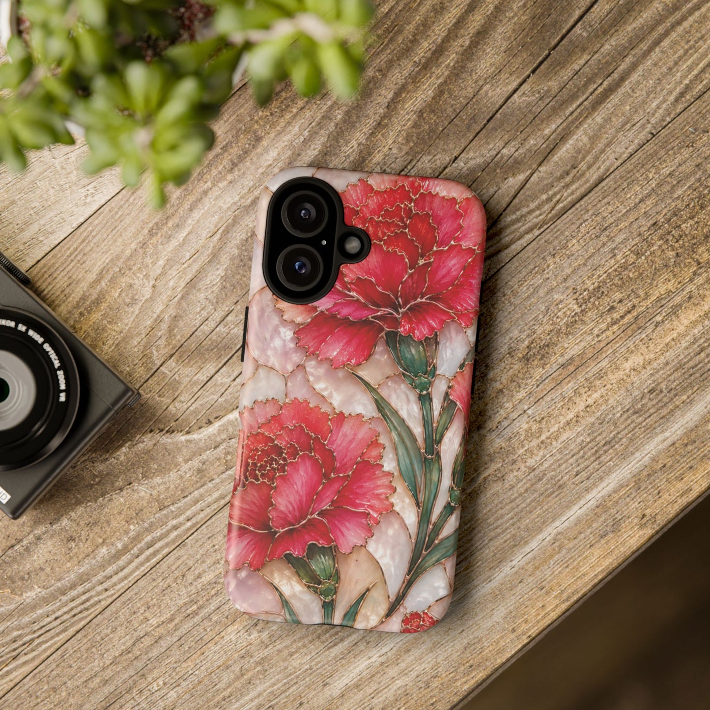 Stained Glass Effect Carnation Floral Tough Phone Case – Pink Vintage Botanical Protective Cover