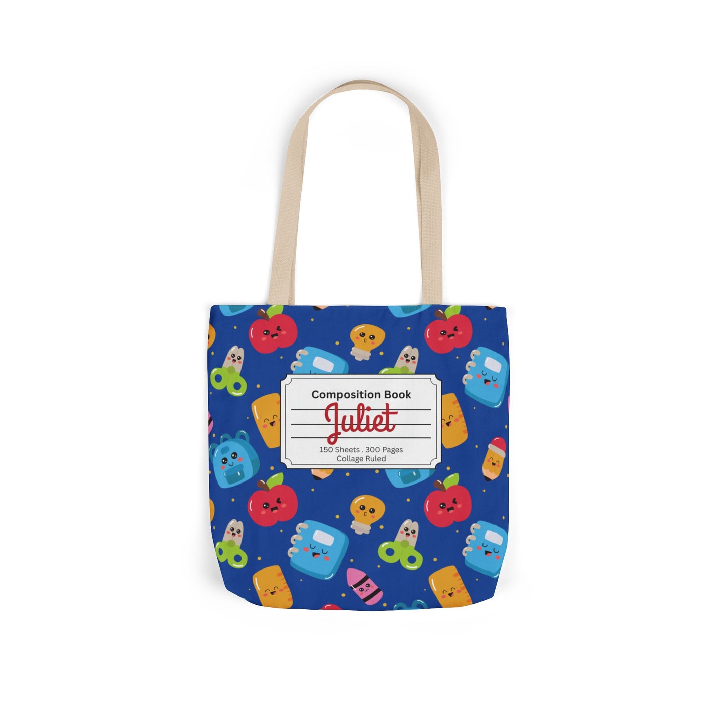 Personalized Blue Kawaii Composition Book Inspired Canvas Tote Bag with Colorful Straps, Cute School Bag, Eco-Friendly Tote, Back to School Shopping Bag, Teacher Gift Idea