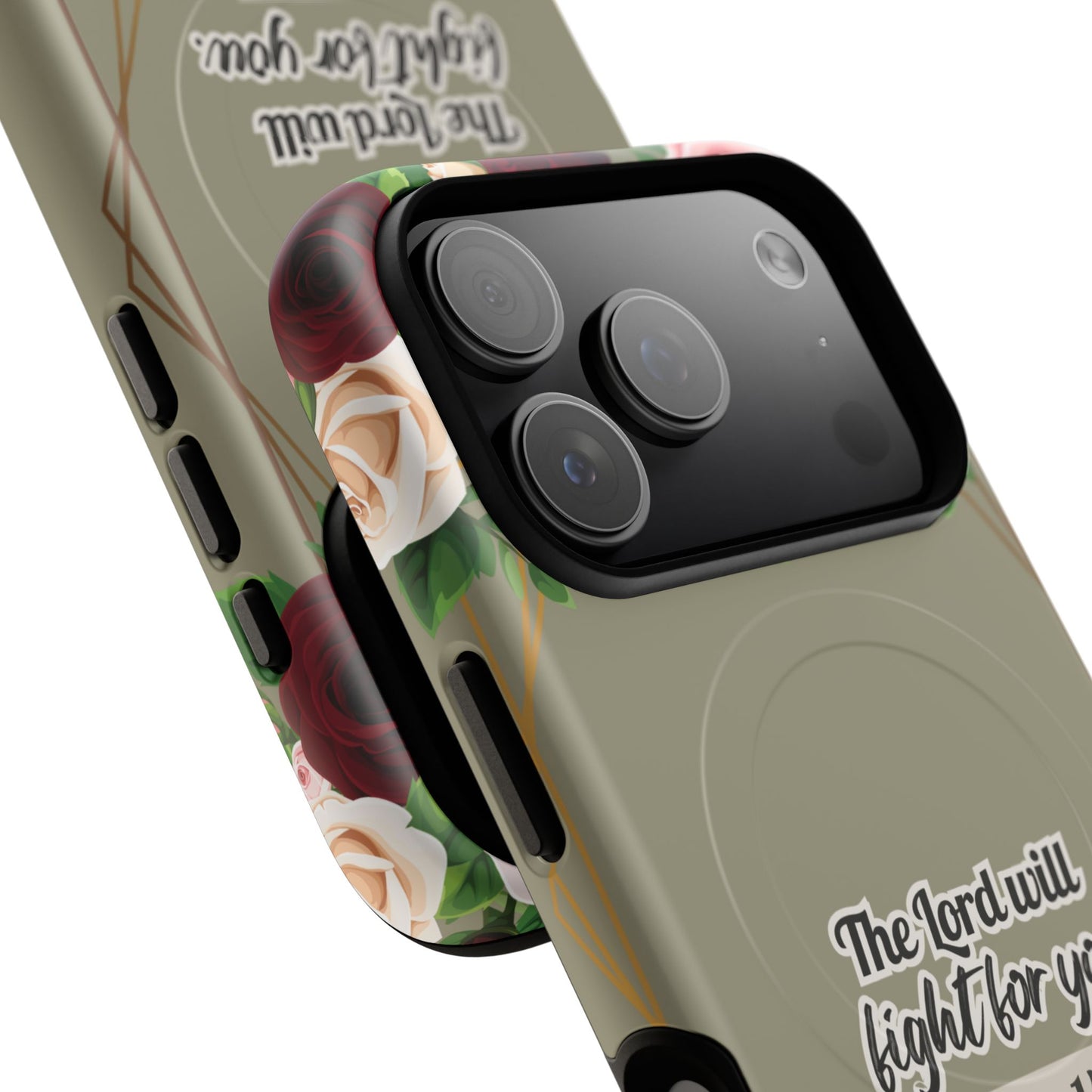 The Lord will Fight for You Exodus 14:14, Inspirational Gift, Tough iPhone Magnetic Case Scripture, Roses Bible Verse, MagSafe® iPhone® Tough Case, iPhone 14, iPhone 15, iPhone 16, Pro, Pro Max, Plus.