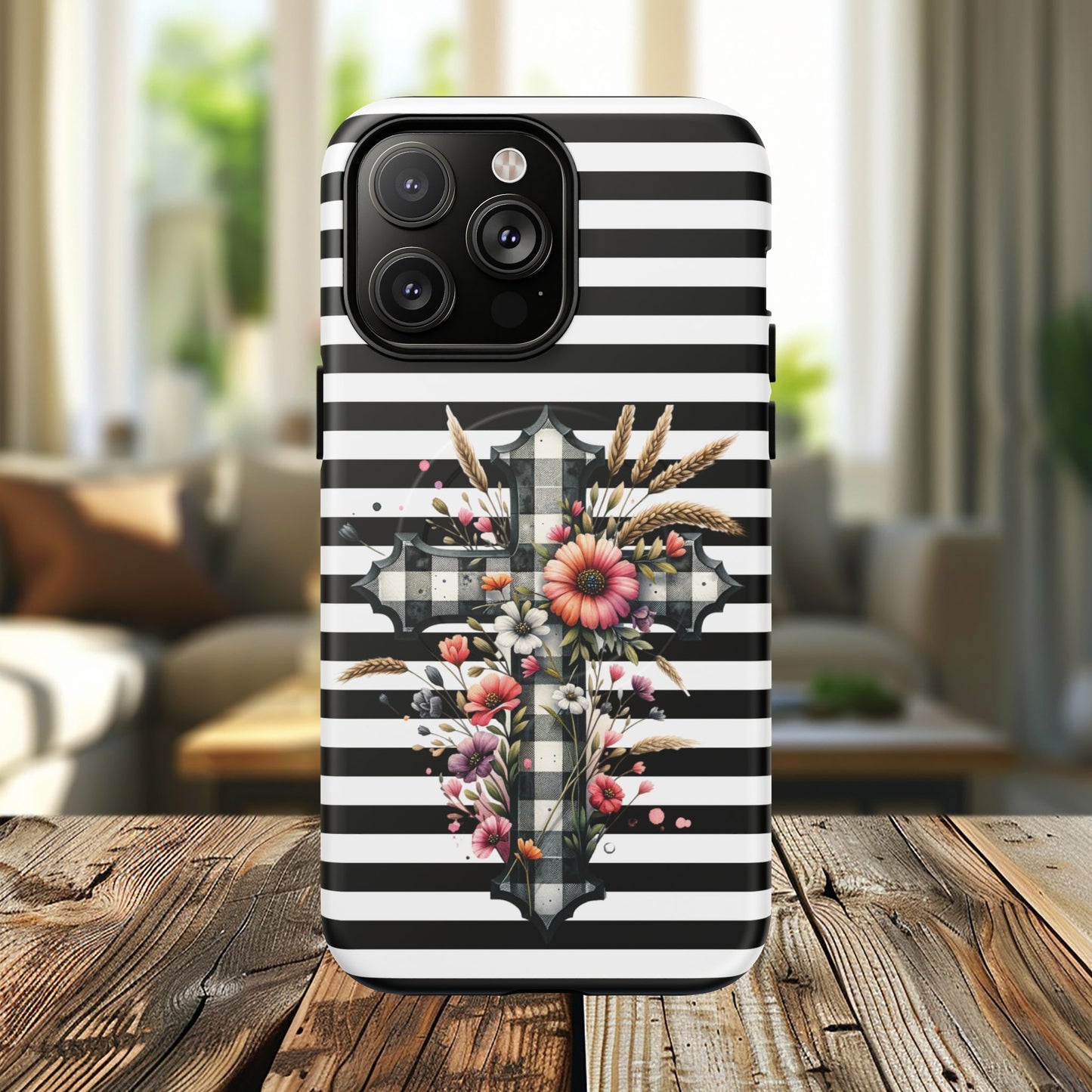 Grace in Bloom Tough Magnetic iPhone Case with Floral Cross Design, Boho iPhone Cover, Striped iPhone Case, Unique Religious Gift, Trendy Cell iPhone Accessory.