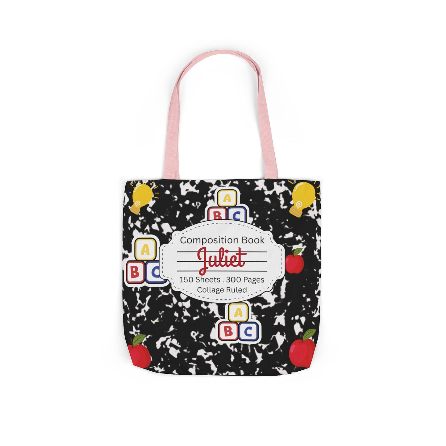 Personalized Black Composition Book Inspired Canvas Tote Bag with Colorful Straps, Cute School Bag, Eco-Friendly Tote, Back to School Shopping Bag, Teacher Gift Idea