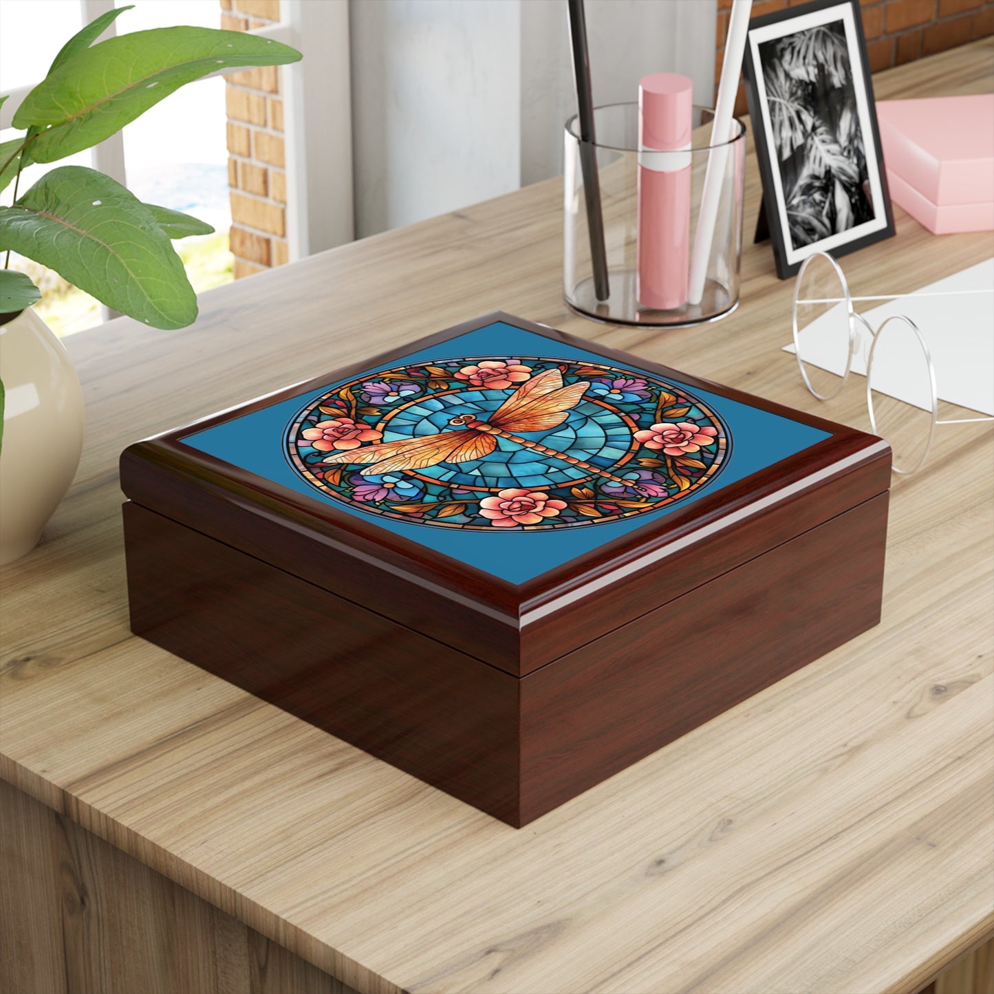 Dragonfly Stained Glass Jewelry Box — Floral Keepsake Box