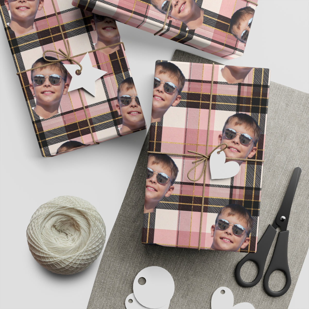 Personalized Wrapping Paper Sheets — Custom Face Plaid Gift Wrap (Single Sheet)