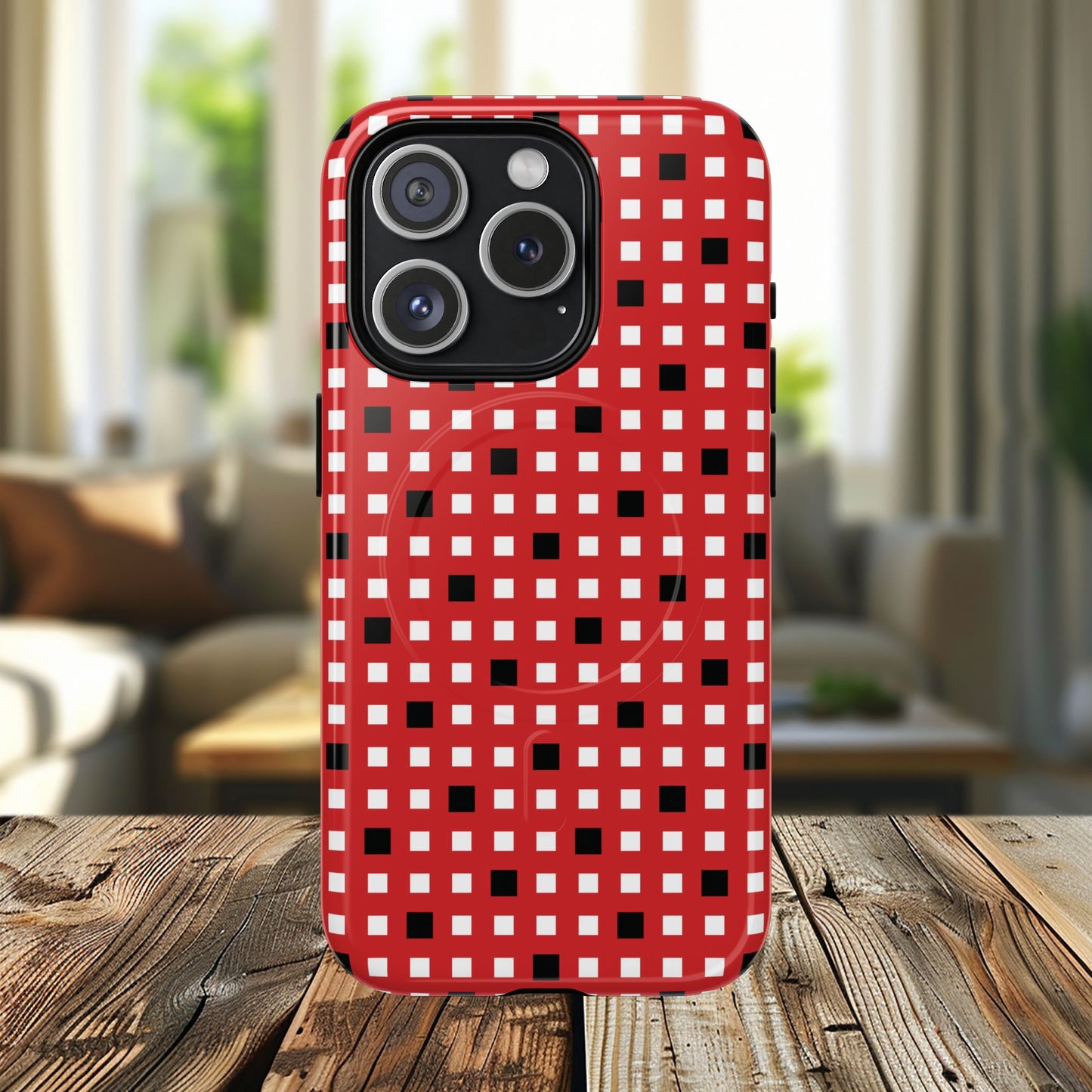 Crimson Gridlock Tough iPhone Magnetic Cases, Durable iPhone Accessories, Gift for Tech Lovers, Modern Design