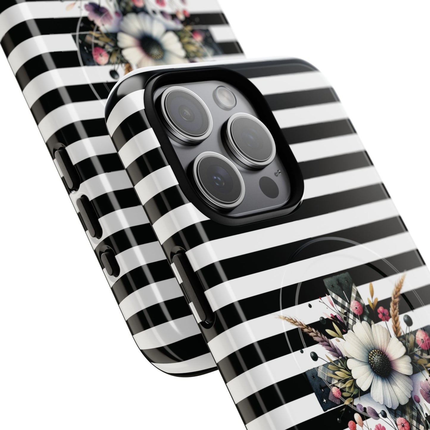 Faith in Bloom Tough iPhone Magnetic Case, iPhone Accessories, Floral iPhone Cover, Durable Cases for Gifts, Black and White Stripes