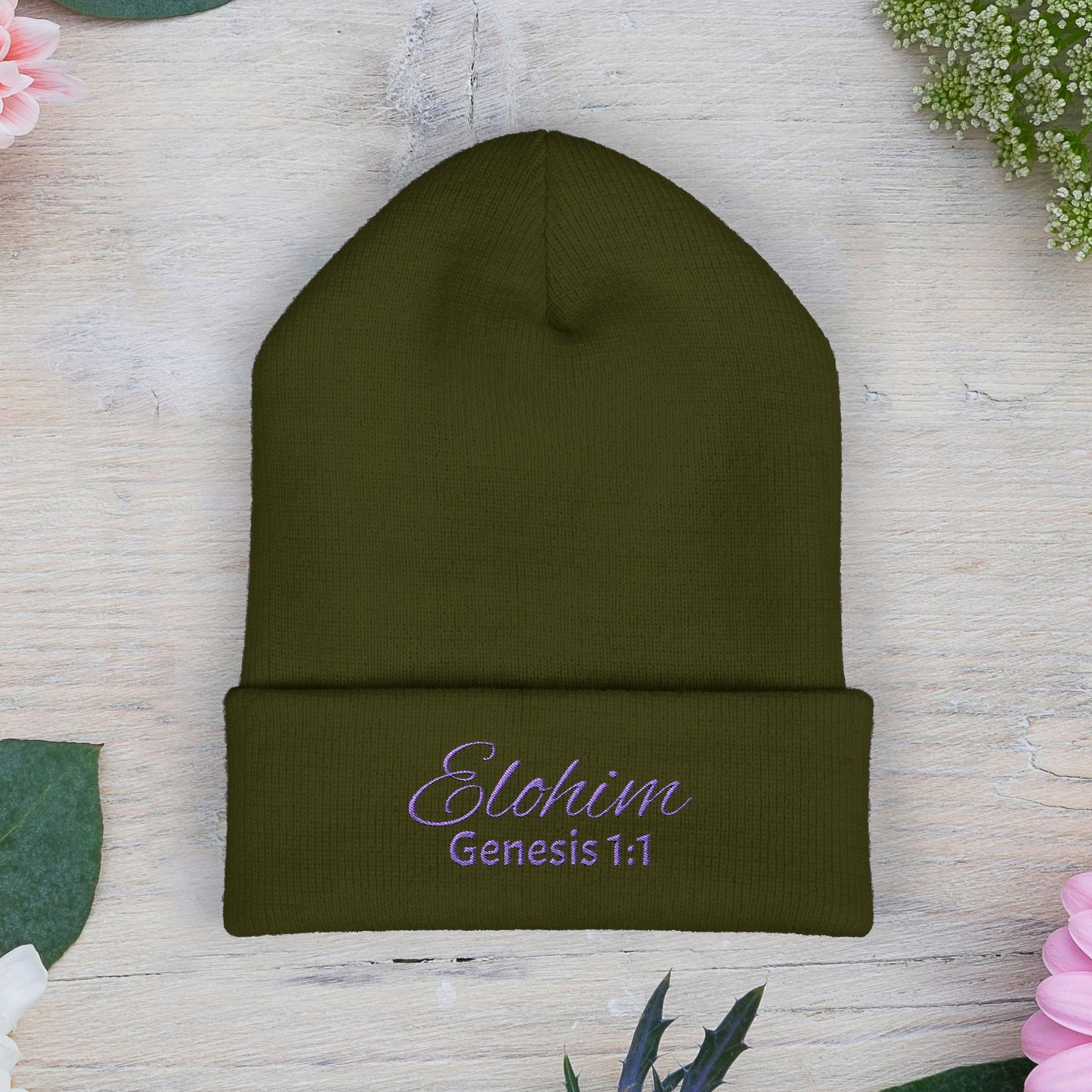 Purple Embroidered 'ELOHIM, GENESIS 1:1' Classic Cuffed Beanie - Cozy Winter Hat, Streetwear Accessory, Personalized Gifts, Religious Apparel, Unisex Beanie