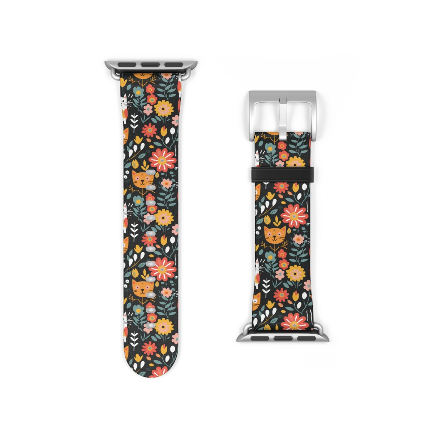 Whimsical Feline Garden Print Watch Band for Apple Watch - Cute Animal Design.
