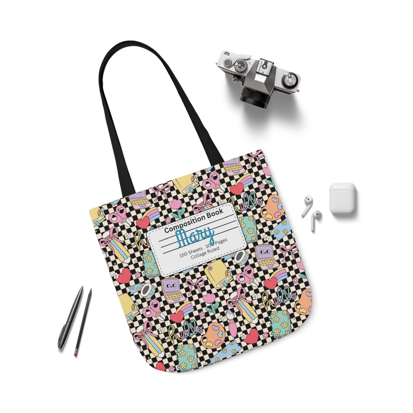Personalized Black Doodle Daydream Composition Book Inspired Canvas Tote Bag with Colorful Straps, Cute School Bag, Eco-Friendly Tote, Back to School Shopping Bag, Teacher Gift Idea