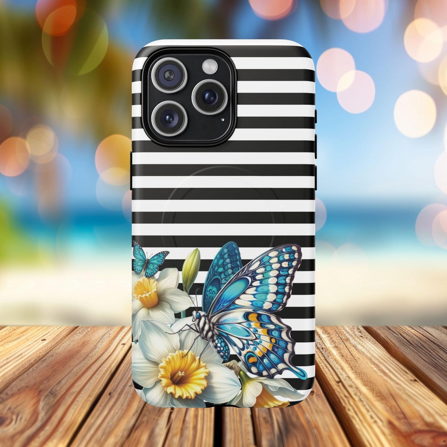 Daffodil Flutter Tough iPhone Magnetic Case, Floral iPhone Accessories, Stylish iPhone Cover, Black Striped Design, Gift for Her, Trendy iPhone