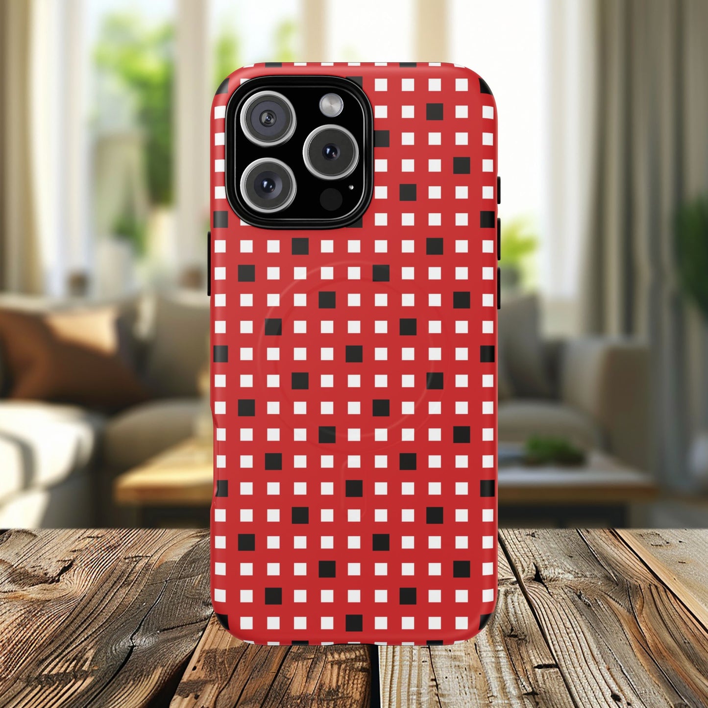 Crimson Gridlock Tough iPhone Magnetic Cases, Durable iPhone Accessories, Gift for Tech Lovers, Modern Design