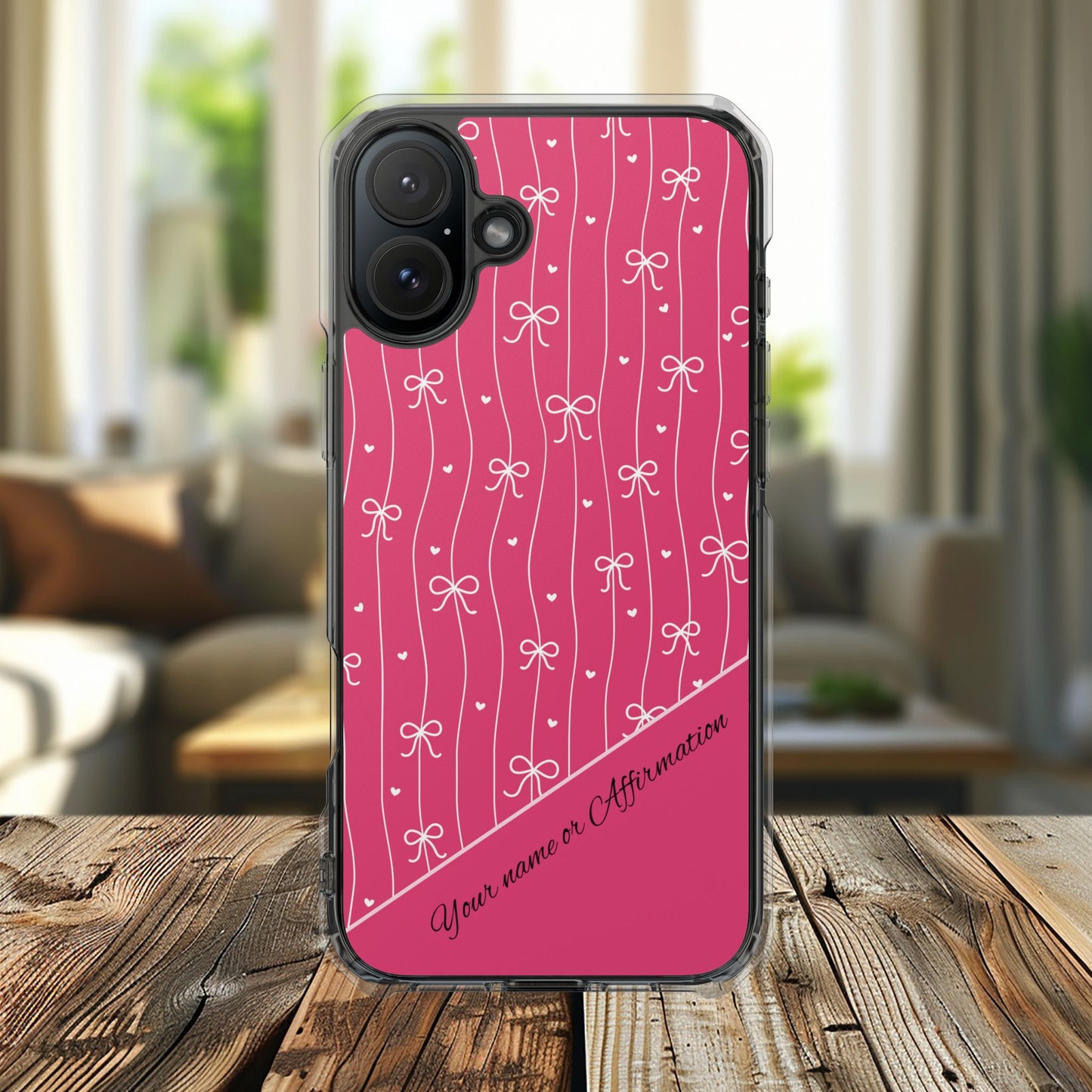 Personalized Pink Bow Coquette Tough Magnetic MagSafe® Clear iPhone Case  iPhone® 13, 14, iPhone 15, iPhone 16, iPhone 17, Pro, Pro Max, Plus Cases.