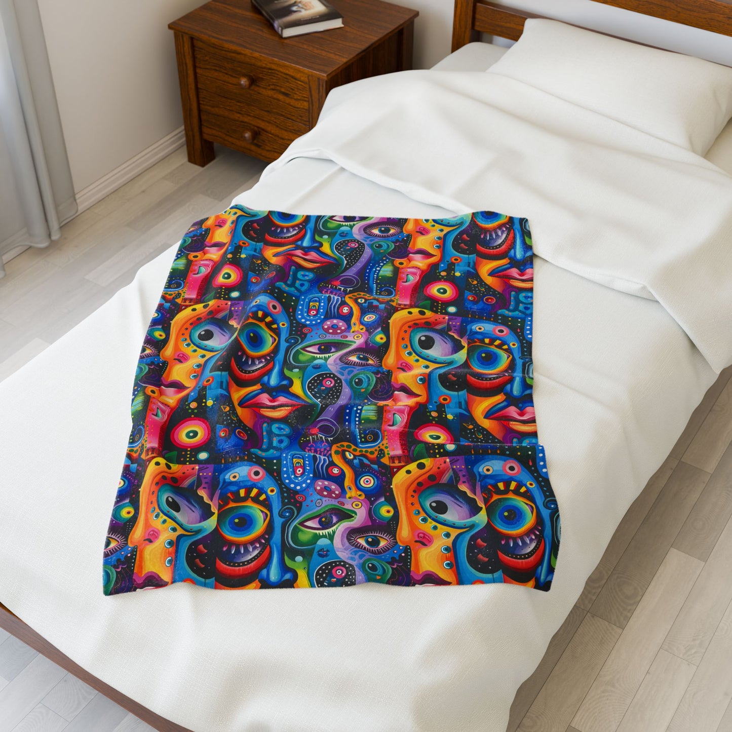 Psychedelic Visions Vibrant Abstract Faces Velveteen Plush Blanket