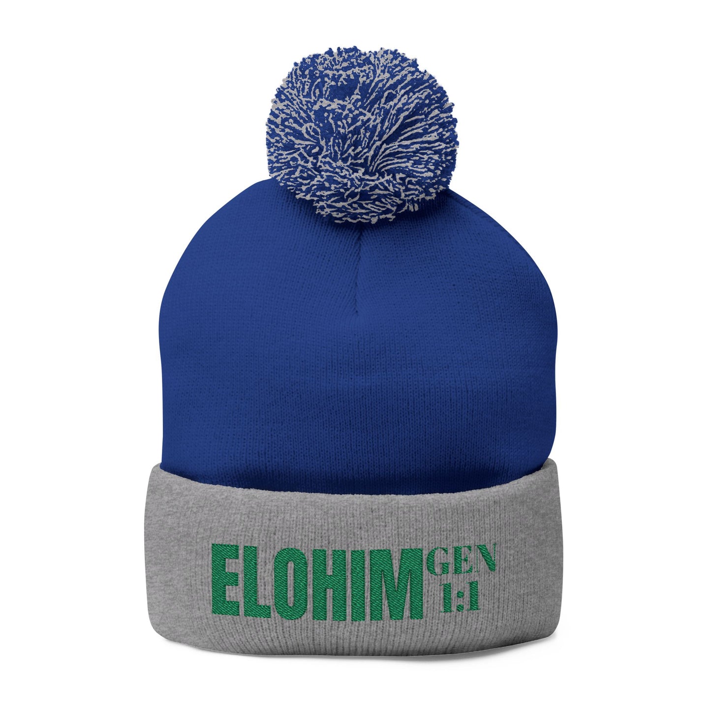 Pom-Pom Knit Cap with 'ELOHIM, GENESIS 1:1'  Embroidery Beanie - Stylish Winter Accessory for All Ages, Perfect Gift for Birthdays, Holidays, and Outdoor Activities