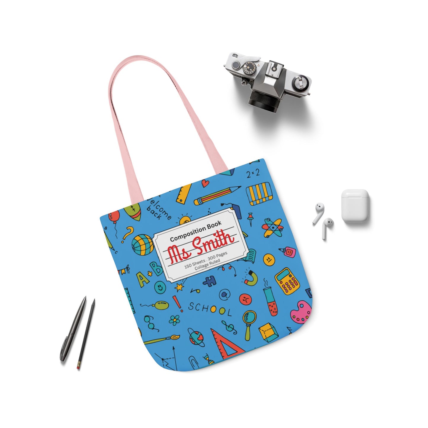 Personalized Classroom Couture Composition Book Inspired Canvas Tote Bag with Colorful Straps, Cute School Bag, Eco-Friendly Tote, Back to School Shopping Bag, Teacher Gift Idea