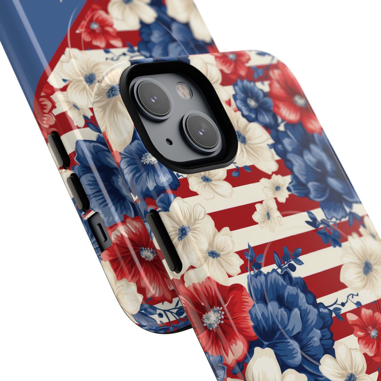 Personalized Stars, Stripes & Petals Tough Magnetic MagSafe Case, Patriotic Cover, Floral Design, Durable Protection, Gift for Her, Summer Vibes