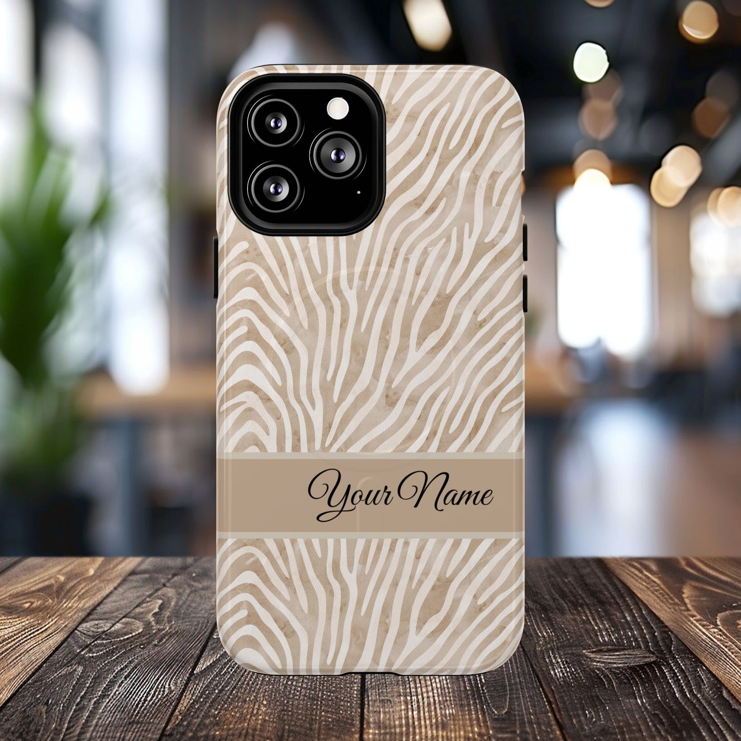 Personalized Zebra Animal Print Cover, Tough Magnetic MagSafe® iPhone® 13, 14, 15, 16, 17, Pro, Pro Max, Plus Cases (Custom Name).