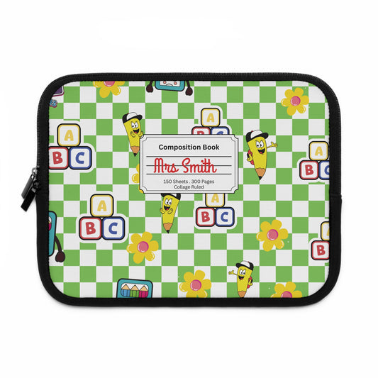 Personalized Green SchoolYard Chic Laptop Sleeve with Composition Book Inspired Design, Customizable Tech Case, School Supplies, Gift for Students, College Essentials, Back to School
