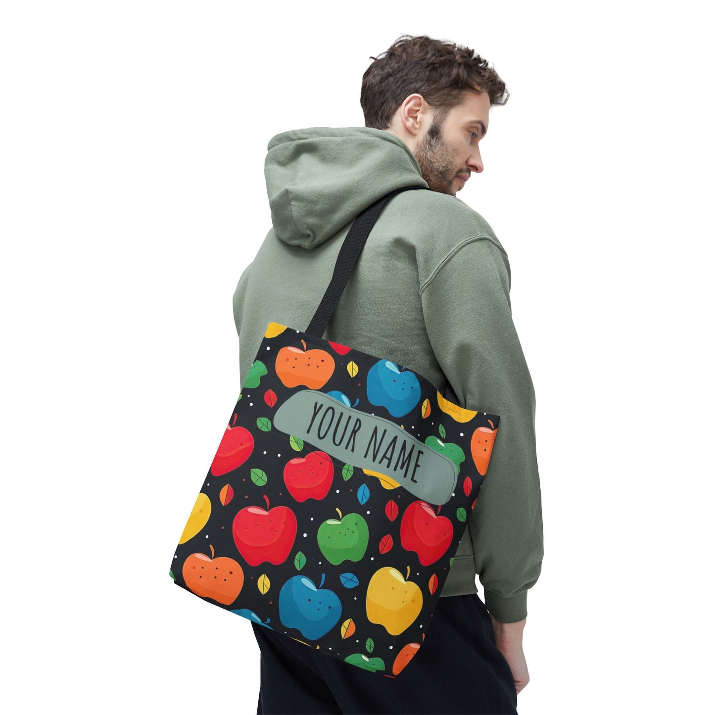 All-Over Apple Print Personalized Tote Bag — Durable Everyday Carry (3 Sizes, 5 Handle Colors)