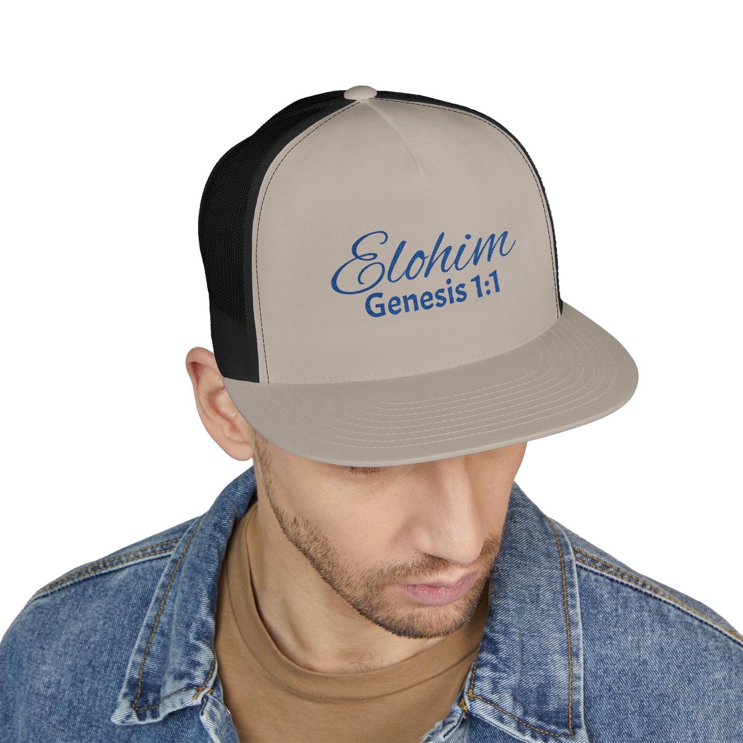 Navy 'ELOHIM, GENESIS 1:1'  Embroidered 5 Panel Trucker Cap | Casual Style Hat, Adjustable, Unisex, Perfect Gift for Outdoors, Festivals, Daily Wear