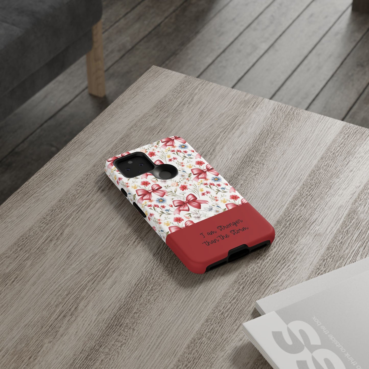Personalized Rosette Coquette Phone Case - Custom Name/Message 'I Am Stronger Than The Storm' Floral Bow Protective Case