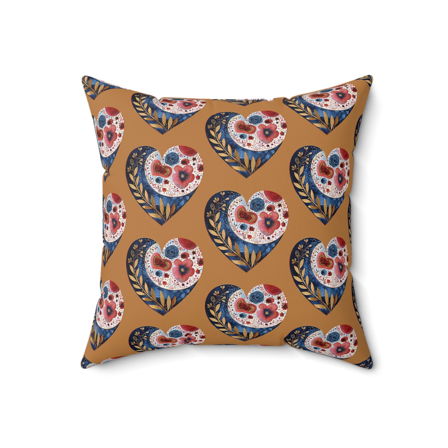 Brown Floral Heart Spun Polyester Square Pillow