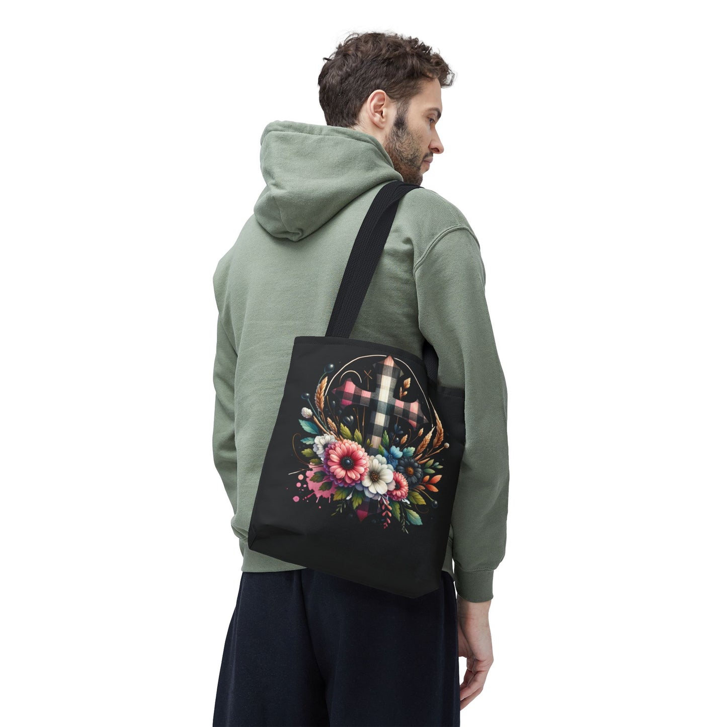 Faith and Floral Cross Heart Tote Bag