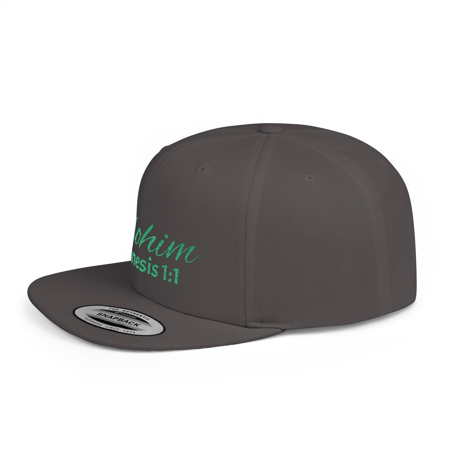 Green Elohim, Genesis 1:1 Snapback Cap - Faith-Inspired Flat Bill Hat, Baseball Hat, Perfect for Gifts, Daily Wear, Spiritual Events.