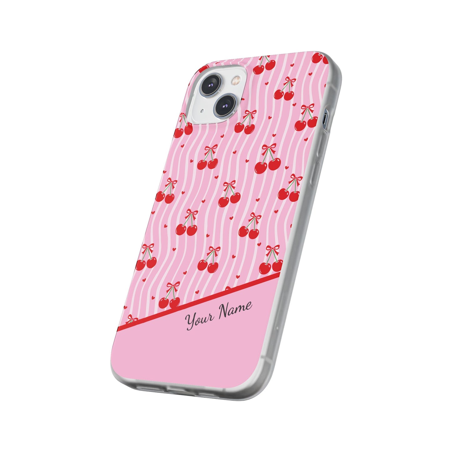 Personalized Cherry Blossom Dreams Flexi Case — Pink Retro Cherry iPhone® 7/8, 11, 12, 13, 14, 15, 16, 17, X/XS, SE, XR, Mini, Pro, Pro Max, Plus Cases.