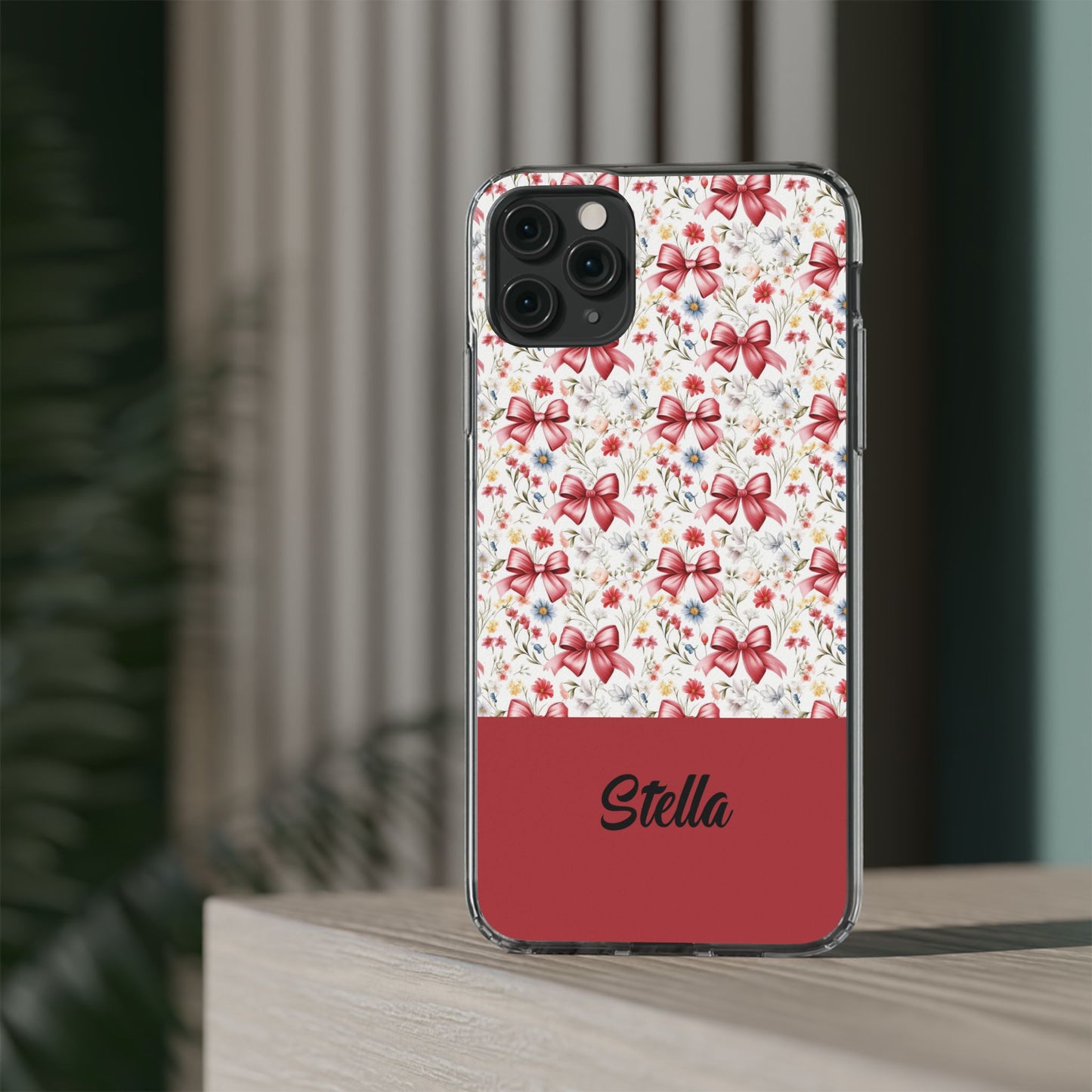 Personalized Rosette Coquette Floral Bow Clear iPhone, Samsung Cases — Custom Name Phone Cover