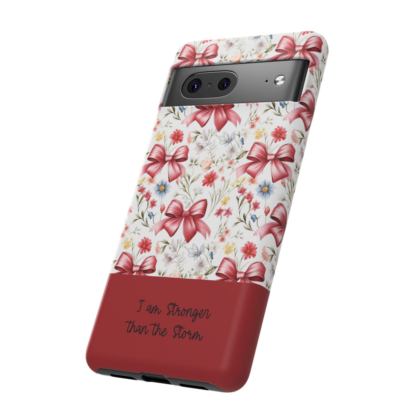 Personalized Rosette Coquette Phone Case - Custom Name/Message 'I Am Stronger Than The Storm' Floral Bow Protective Case