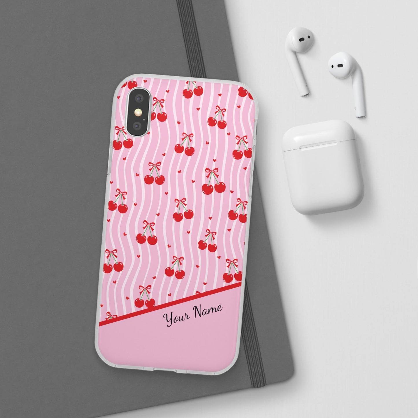 Personalized Cherry Blossom Dreams Flexi Case — Pink Retro Cherry iPhone® 7/8, 11, 12, 13, 14, 15, 16, 17, X/XS, SE, XR, Mini, Pro, Pro Max, Plus Cases.