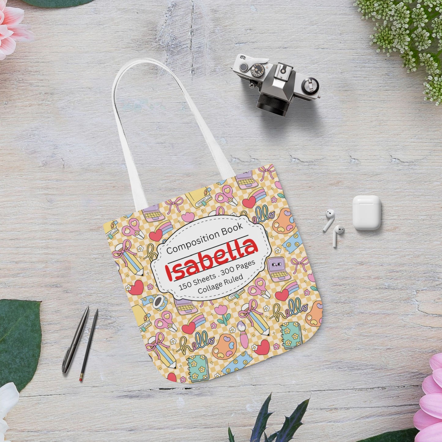 Personalized Doodle Daydream Composition Book Inspired Canvas Tote Bag with Colorful Straps, Cute School Bag, Eco-Friendly Tote, Back to School Shopping Bag, Teacher Gift Idea