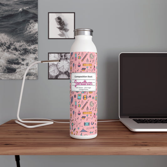 Personalized Pink Chalkboard Chic Composition Book Inspired Slim Water Bottle, Customizable Drinkware, Eco-Friendly Hydration Bottle, Perfect for Gifts, School Supplies, Back to School