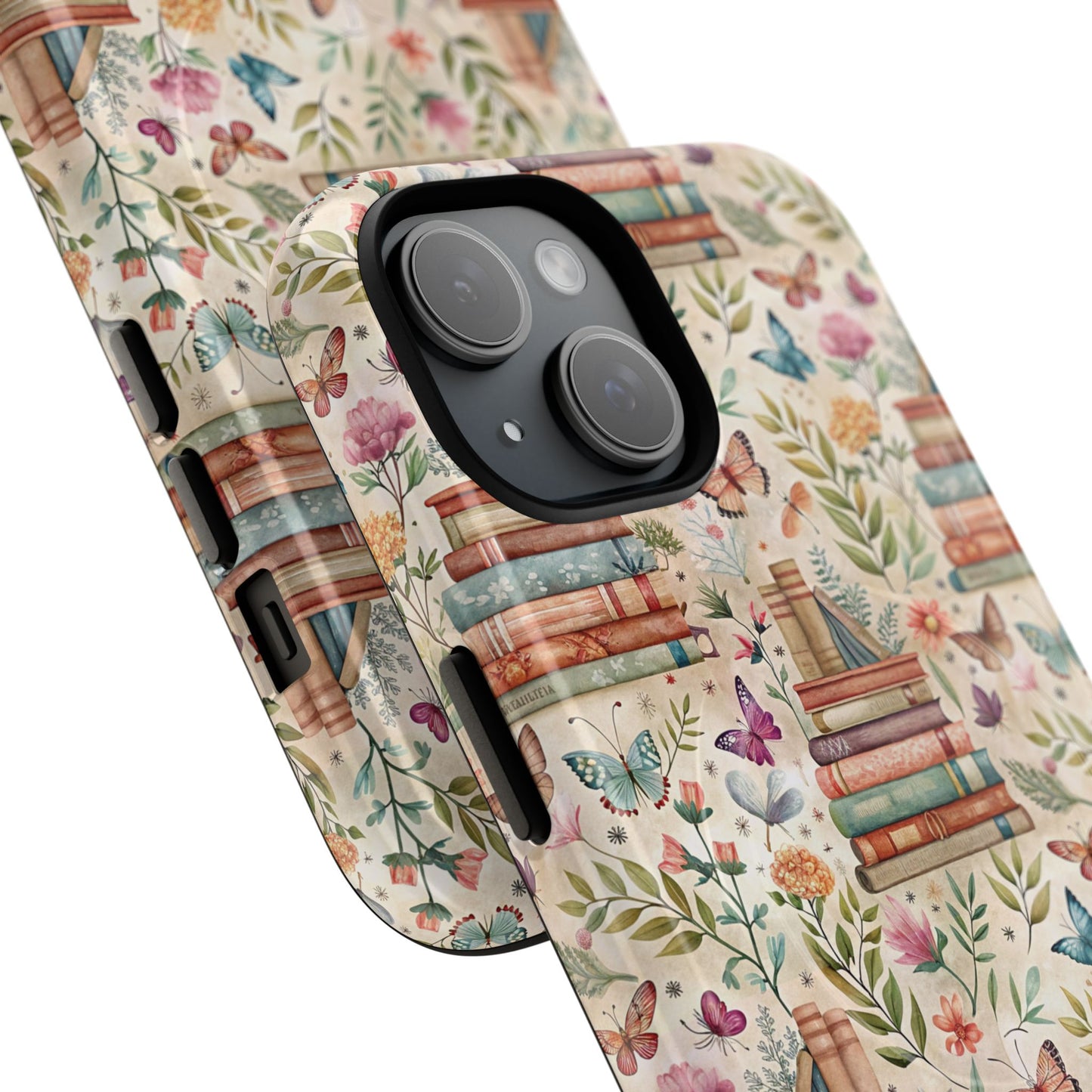 Colorful Bookworm Tough Magnetic iPhone Case,  Floral Butterfly Print, Gift for Readers, Tough IPhone Protective Cover, Bookish iPhone Case.