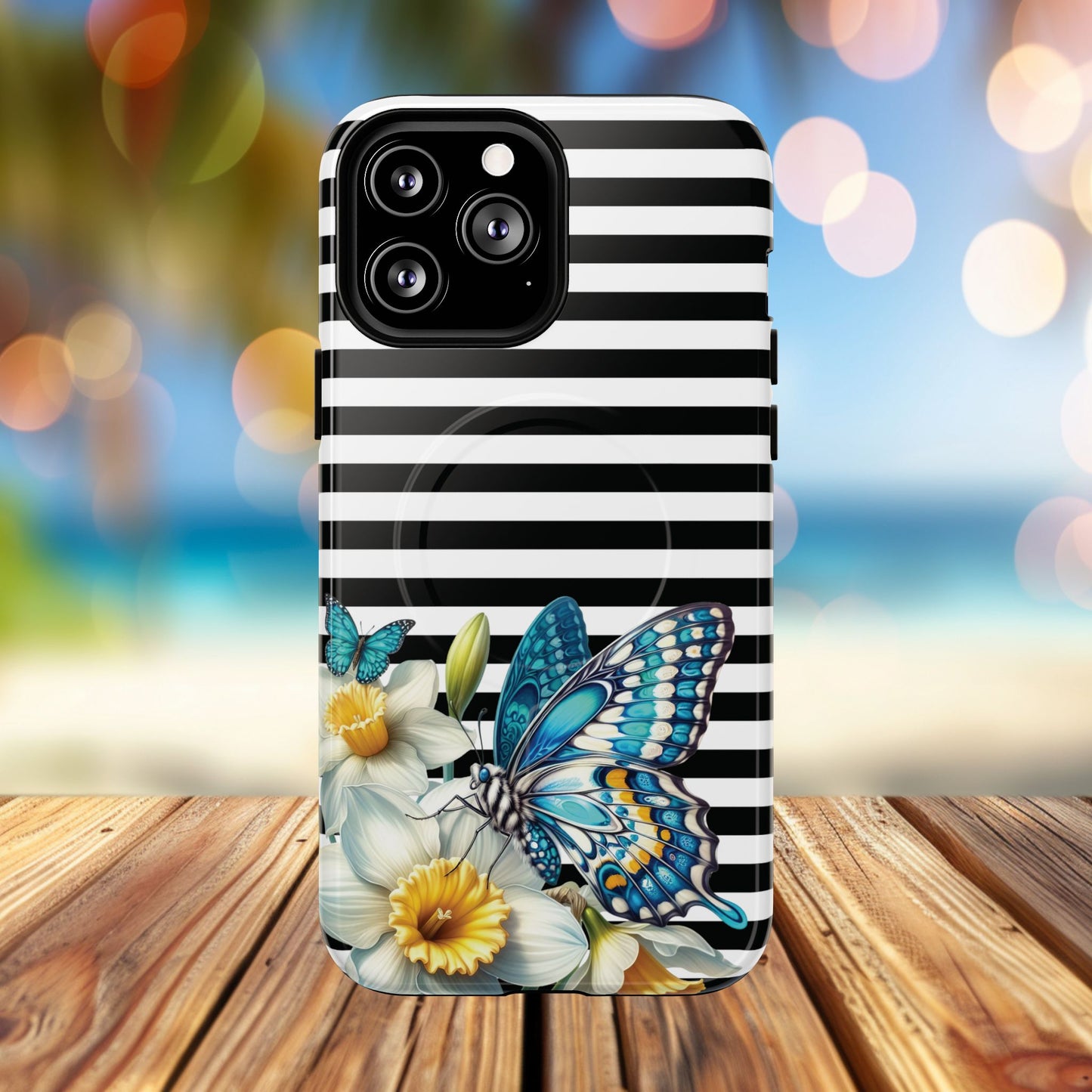 Daffodil Flutter Tough iPhone Magnetic Case, Floral iPhone Accessories, Stylish iPhone Cover, Black Striped Design, Gift for Her, Trendy iPhone