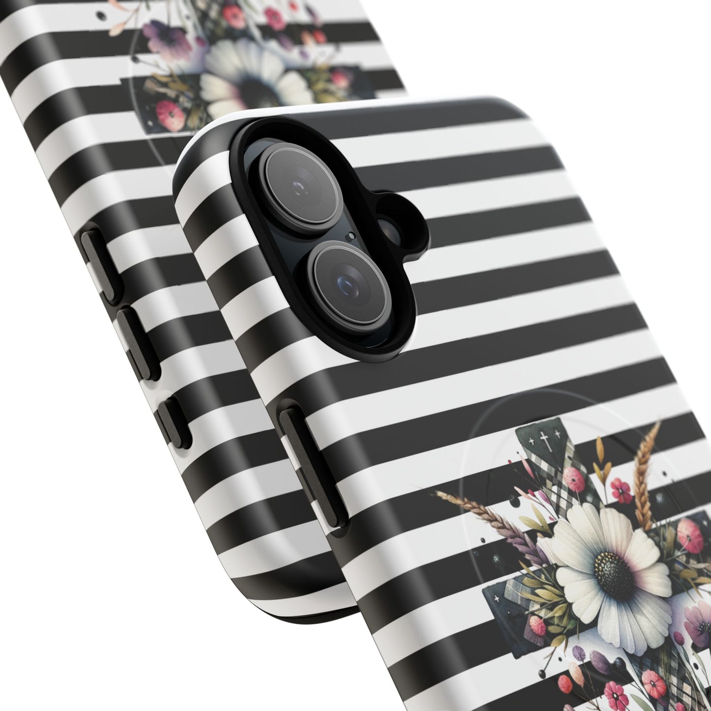 Faith in Bloom Tough iPhone Magnetic Case, iPhone Accessories, Floral iPhone Cover, Durable Cases for Gifts, Black and White Stripes