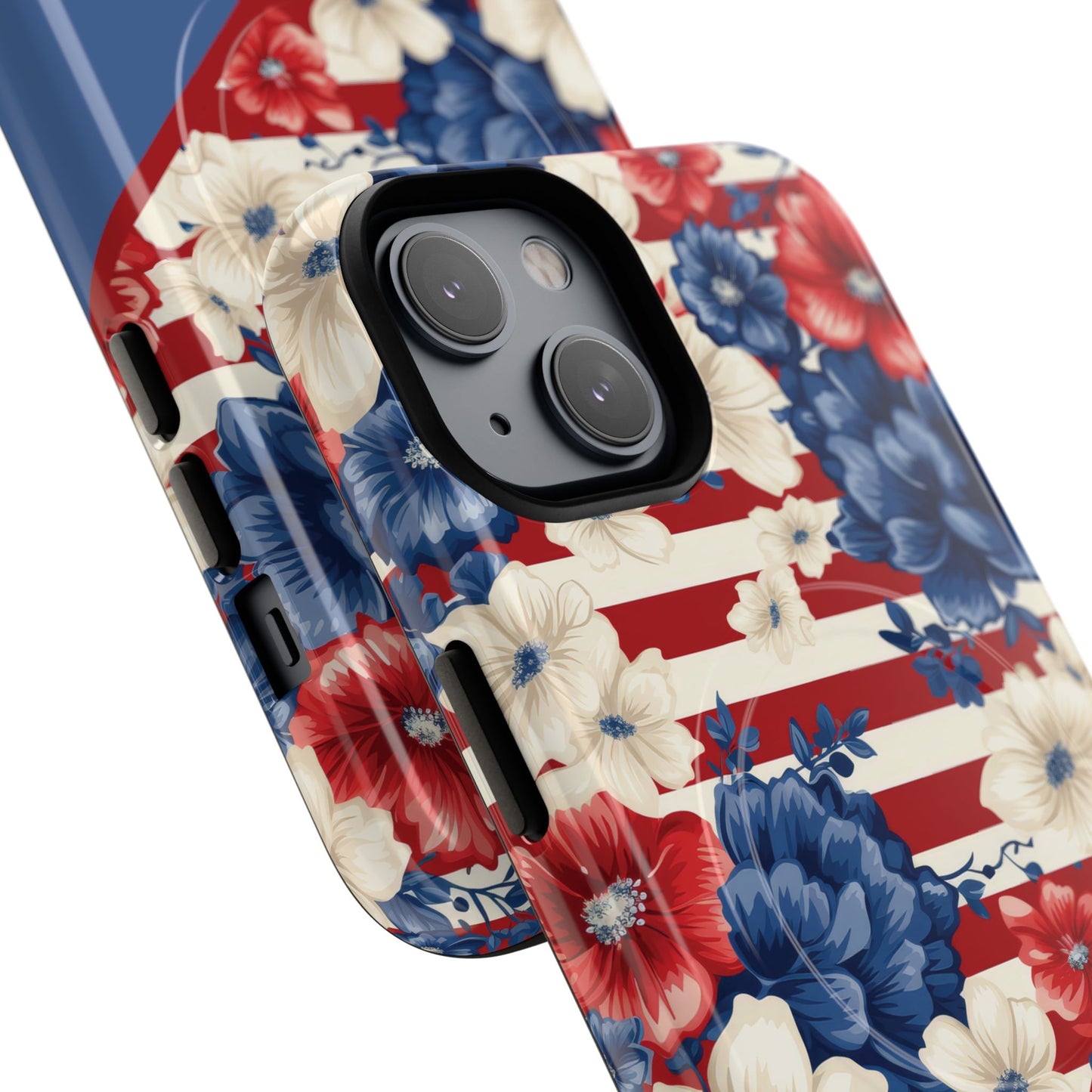 Personalized Stars, Stripes & Petals Tough Magnetic MagSafe Case, Patriotic Cover, Floral Design, Durable Protection, Gift for Her, Summer Vibes