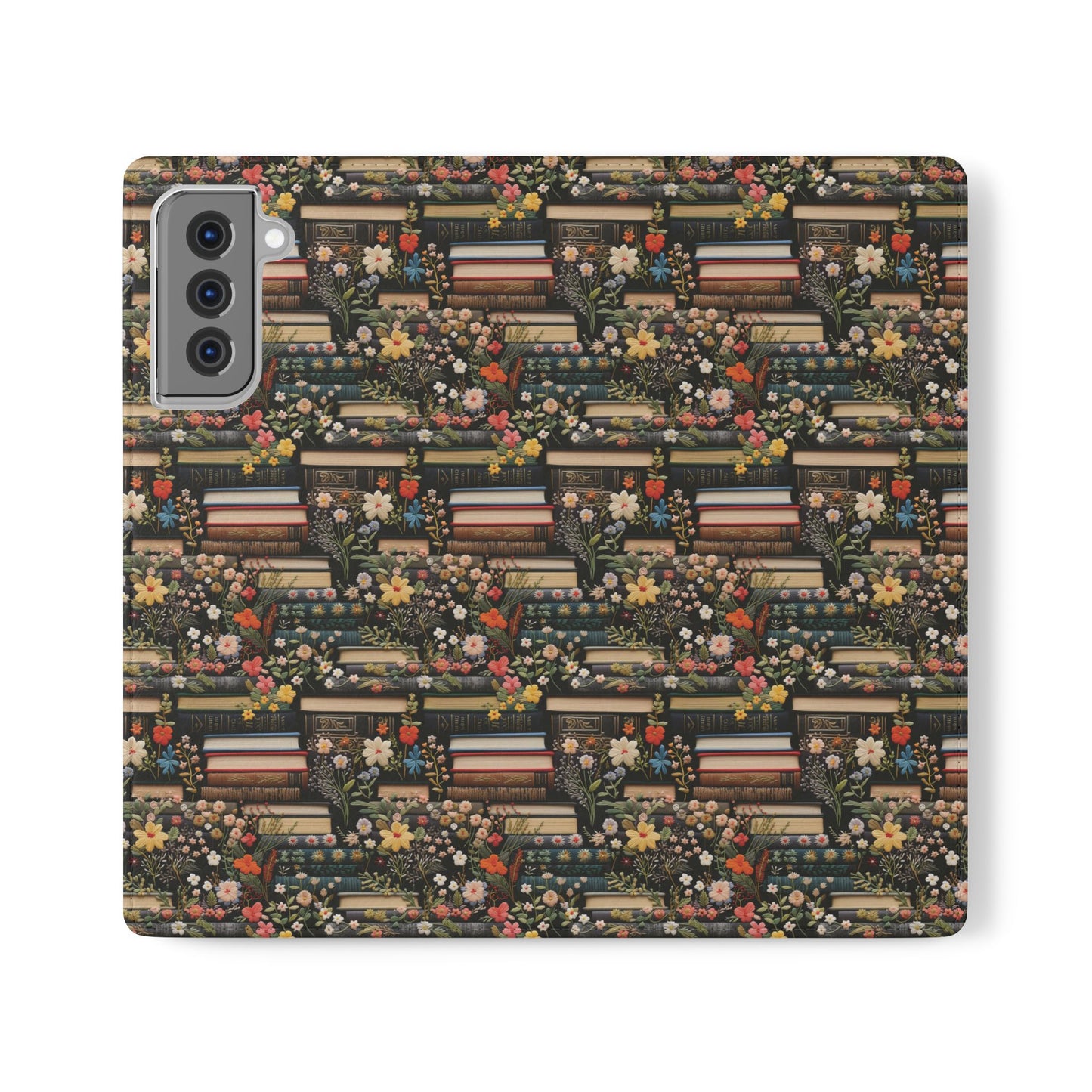 Book Stack Floral Flip iPhone and Samsung Phone Case — Vintage Library Wallet Cover.