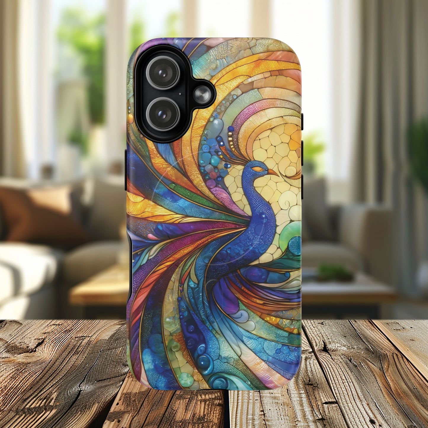 Mosaic Peacock Feathers Magnetic Phone Case, Tough Phone Shell, Vibrant Art Case, Gift for Her, Unique Phone Accessory, Wildlife Lover's Gift, Stained Glass Case.