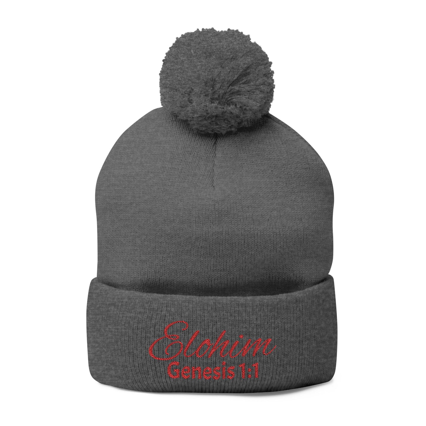 Red Pom-Pom Knit Cap with 'ELOHIM, GENESIS 1:1'  Embroidery Beanie - Stylish Winter Accessory for All Ages, Perfect Gift for Birthdays, Holidays, and Outdoor Activities