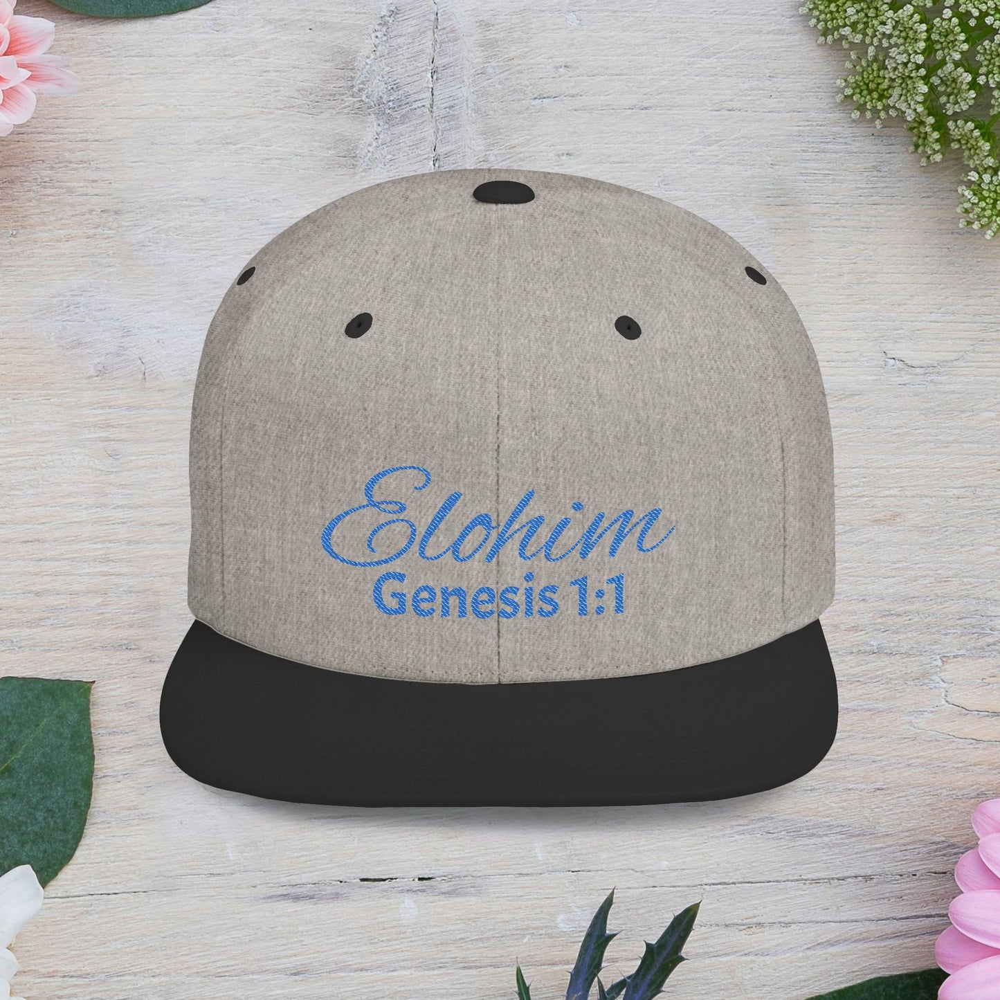 Blue Embroidery 'ELOHIM, GENESIS 1:1' Flat Bill Snapback Hat, Stylish Cap for Everyday Wear, Church Events, Gift for Him/Her, Streetwear Accessory, Casual Fashion