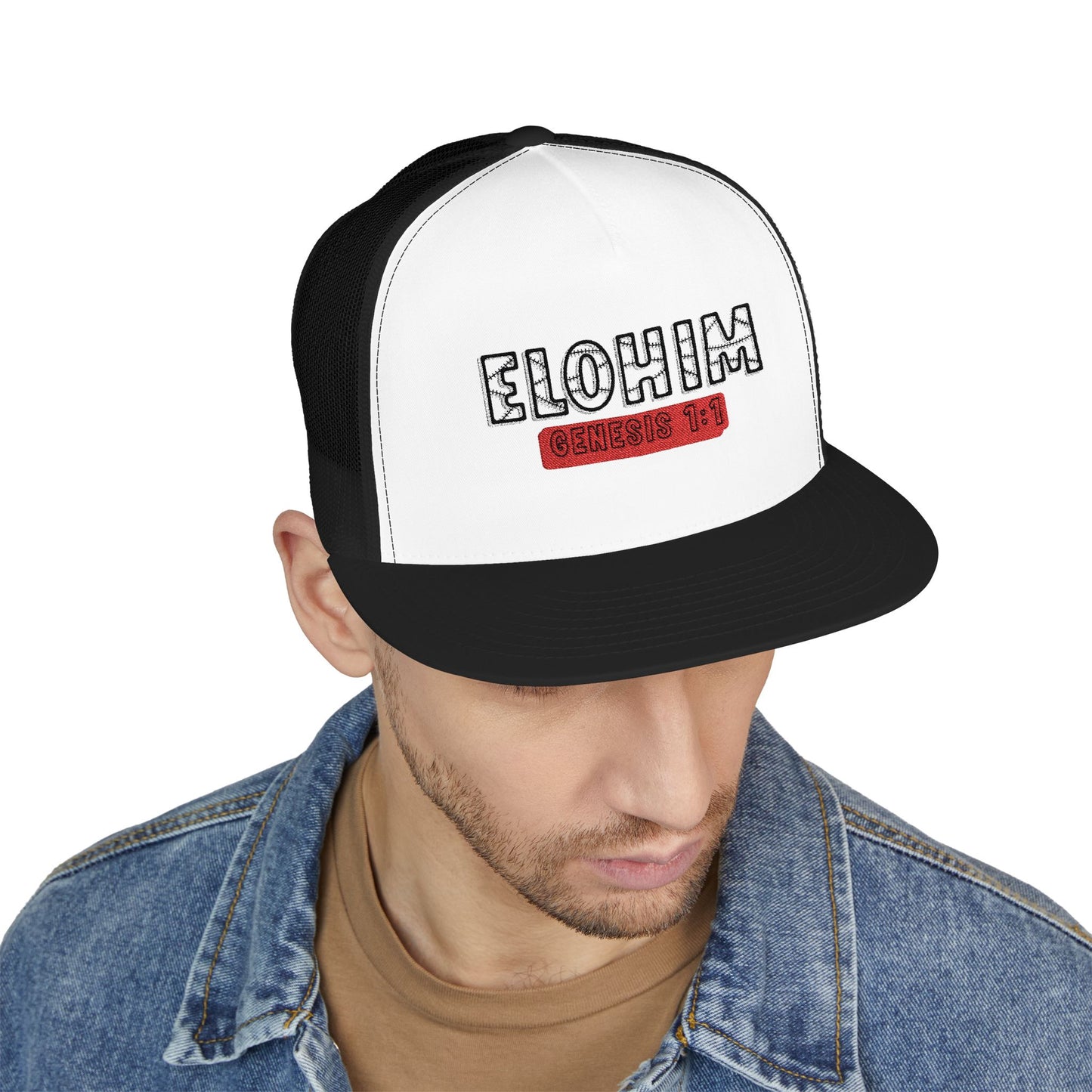 'ELOHIM, GENESIS 1:1'  Embroidered 5 Panel Trucker Cap | Casual Style Hat, Adjustable, Unisex, Perfect Gift for Outdoors, Festivals, Daily Wear