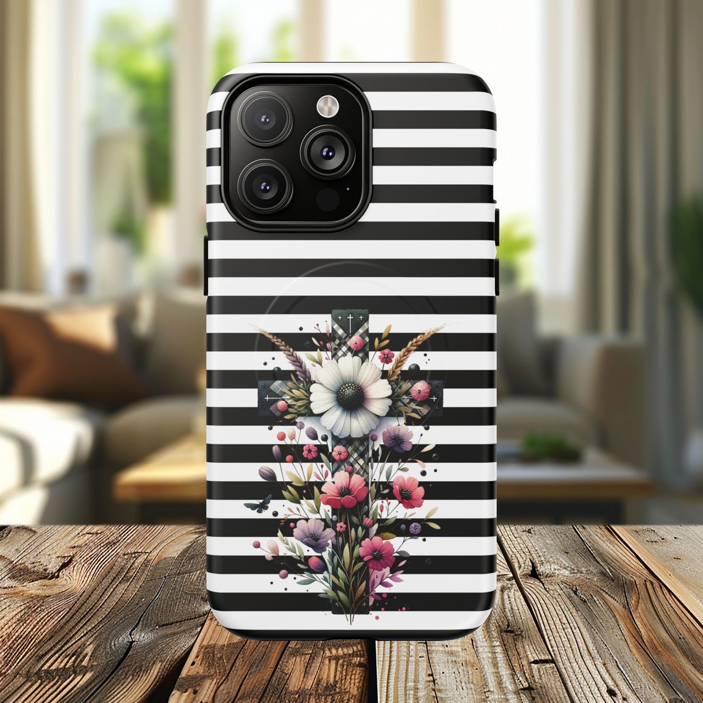 Faith in Bloom Tough iPhone Magnetic Case, iPhone Accessories, Floral iPhone Cover, Durable Cases for Gifts, Black and White Stripes