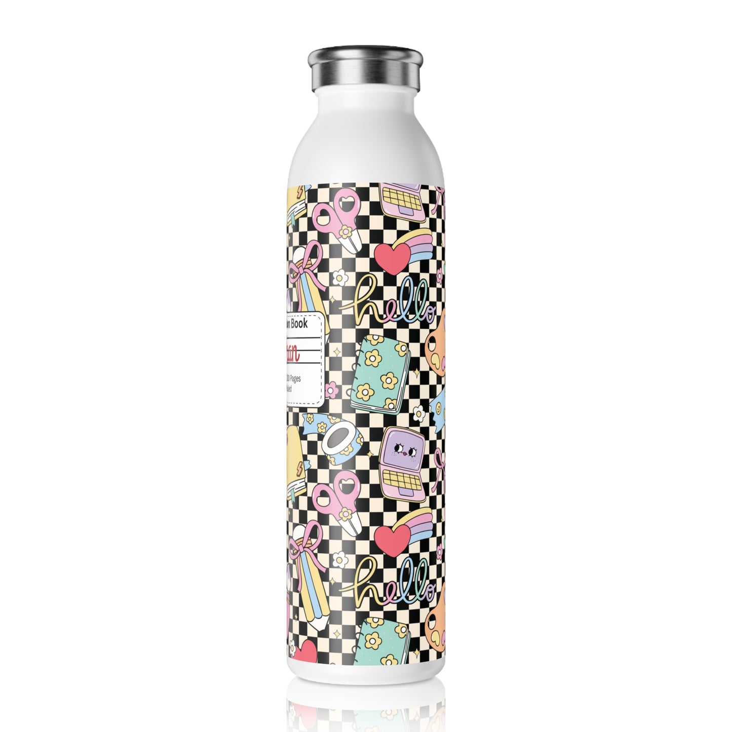 Personalized Composition Black Doodle Daydream Book Inspired Slim Water Bottle, Customizable Drinkware, Eco-Friendly Hydration Bottle, Perfect for Gifts, School Supplies, Back to School