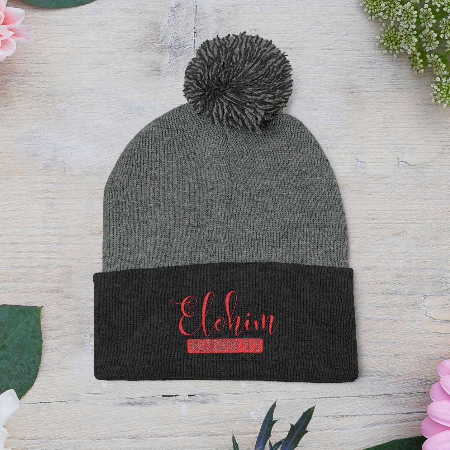 Red Pom-Pom Knit Cap with 'ELOHIM, GENESIS 1:1'  Embroidery Beanie - Stylish Winter Accessory for All Ages, Perfect Gift for Birthdays, Holidays, and Outdoor Activities