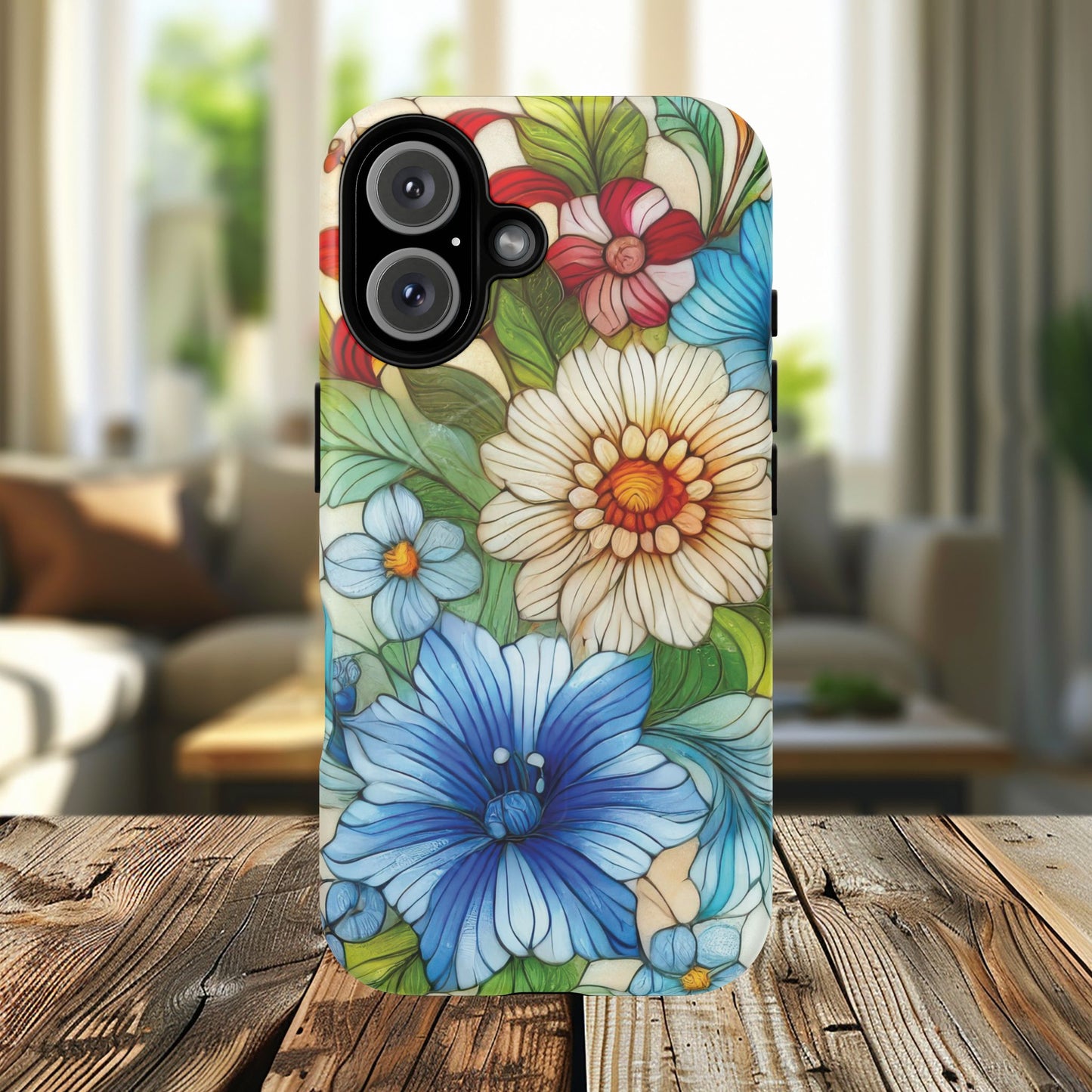 Botanical Radiance Tough iPhone Magnetic Case, Customizable Durable iPhone Cover | Ideal Gift for Nature Lovers, Floral Stained Glass Gift