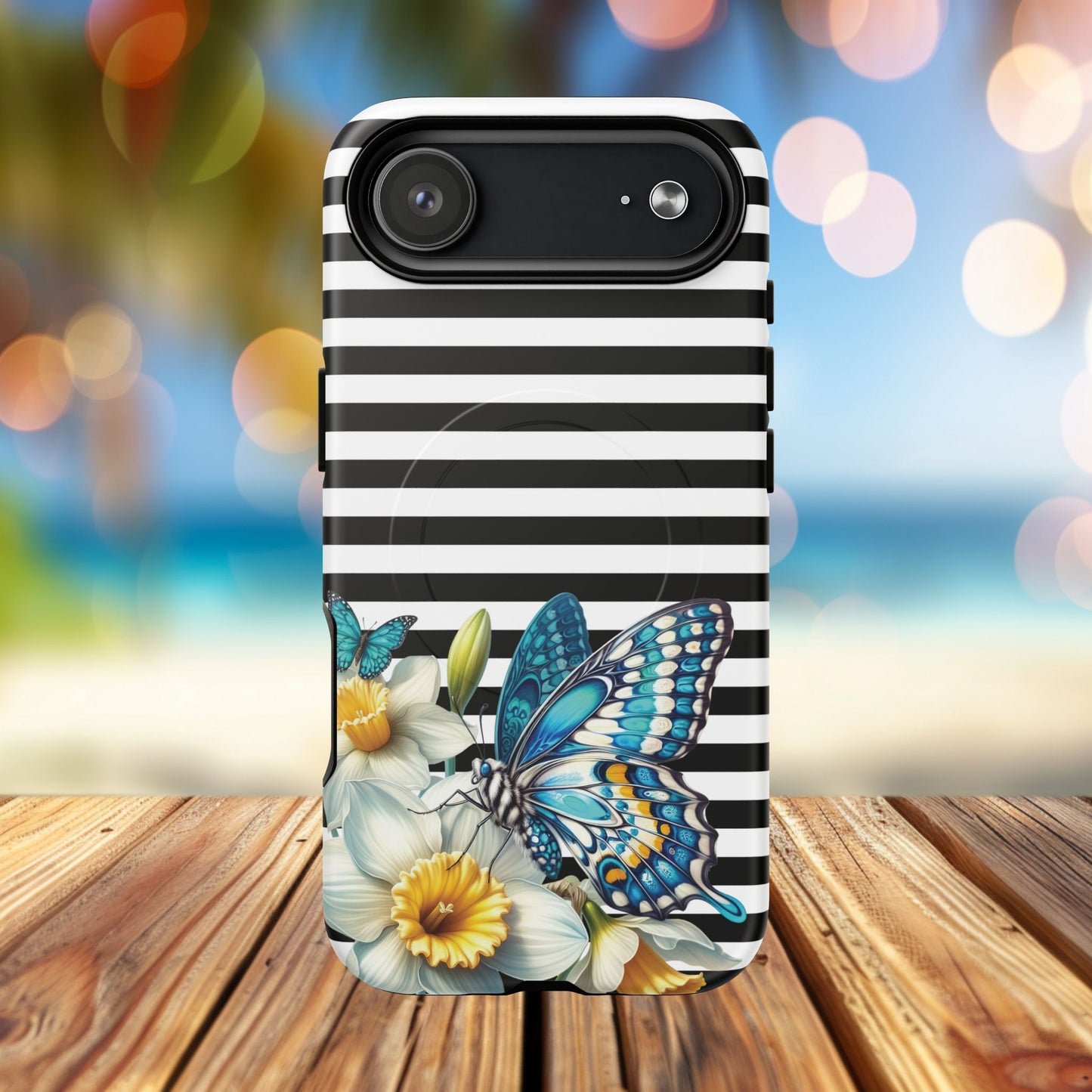 Daffodil Flutter Tough iPhone Magnetic Case, Floral iPhone Accessories, Stylish iPhone Cover, Black Striped Design, Gift for Her, Trendy iPhone