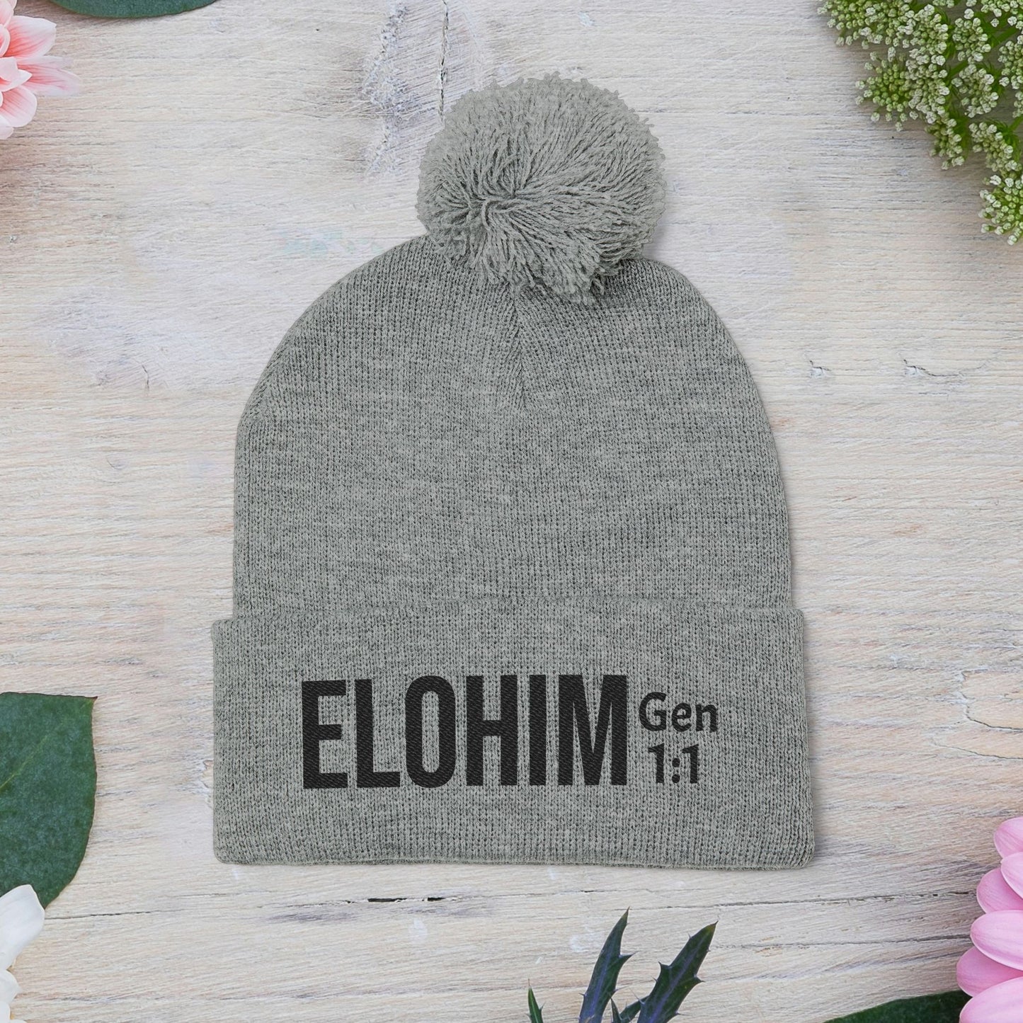 Cozy Pom-Pom Knit Cap with 'ELOHIM, GENESIS 1:1'  Embroidery Beanie - Stylish Winter Accessory for All Ages, Perfect Gift for Birthdays, Holidays, and Outdoor Activities