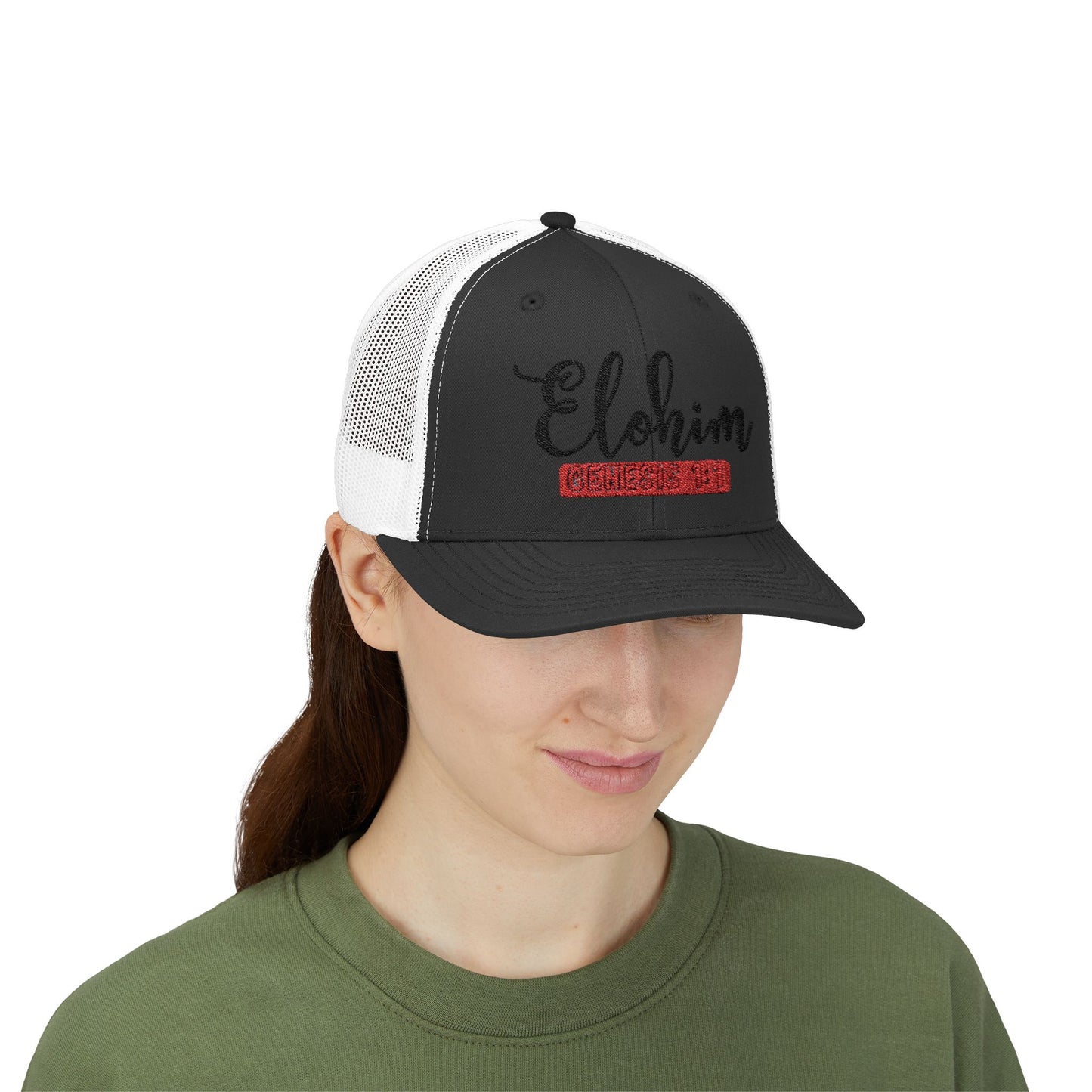 Embroidery 'ELOHIM, GENESIS 1:1' Faith Snapback Trucker Cap - Religious Hat, Stylish Accessory, Gift for Believers, Casual Wear, Outdoor Events, Faith-Based, Name of GOD.